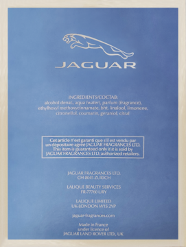 Tył niebieskiego opakowania Jaguar Classic z białym logo, widoczna lista składników i dane producenta.