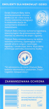 Tył niebieskiej butelki emolientu Oilatum Baby dla dzieci, opis nawilżający dla suchej i atopowej skóry, logo rekomendacji.