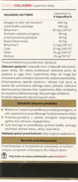 Beżowy tył opakowania suplementu Noble Health Class A Collagen, z tabelą składników aktywnych i dawkowaniem.