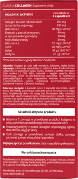 Czerwona etykieta Noble Health Class A Collagen, suplement diety. Widoczna lista składników aktywnych i dawkowanie.