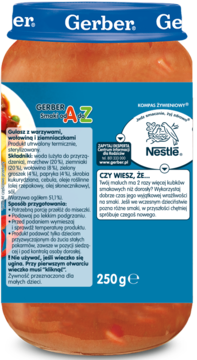 Tył szklanego słoika Gerber Gulasz z wołowiną i warzywami, widoczne składniki i opis produktu. 250 g.
