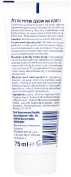 Tył tubki żelu Prokudent dla dzieci 75 ml, z opisem produktu, składem i danymi producenta, widoczny kod kreskowy.