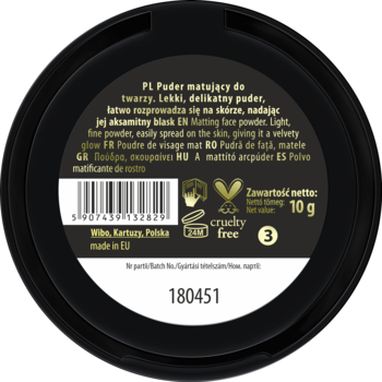 Tył czarnego, okrągłego opakowania matującego pudru Wibo 10g, z etykietą, kodem kreskowym i logo cruelty free.