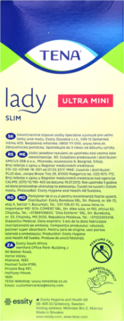 Tył opakowania wkładek TENA Lady Slim Ultra Mini, zielone tło, białe i niebieskie detale, widoczne informacje o produkcie.