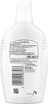 Tył białej butelki OFF! Family Care Junior Gel 100 ml z etykietą, kodem kreskowym i informacjami o składzie.
