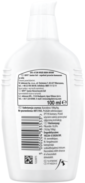 Tył białej butelki OFF! Junior Gel 100ml, repelentu przeciw komarom, z etykietą i kodem kreskowym.