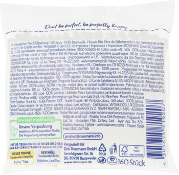 Tył opakowania 160 patyczków kosmetycznych z bawełny, wybielanych bezchlorowo. Widoczne etykiety.