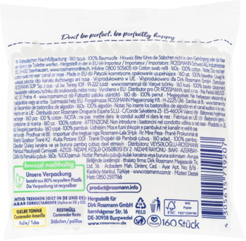 Tył białego, lekko pogniecionego opakowania patyczków kosmetycznych (160 sztuk), 100% bawełny, info o recyklingu.