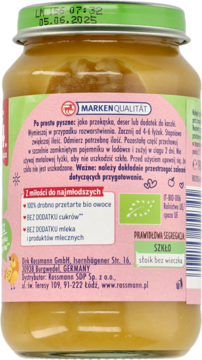 Tył szklanego słoiczka z deserkiem Rossmann jabłko-mango dla niemowląt, z zieloną nakrętką i polską etykietą.