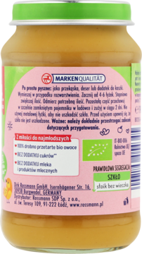 Tył słoiczka deserkowego Rossmann jabłko-mango, 100% owoców bio, bez cukrów i mleka, z etykietą i instrukcją.