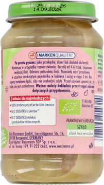 Tył szklanego słoika Babydream Gruszki bio owoce dla dzieci, z zieloną zakrętką, różową etykietą i składem.