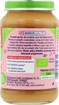 Tył słoika Babydream Gruszki po 4. miesiącu 190g, z różową etykietą i zielonym wieczkiem, widoczne bio owoce, bez cukru i mleka.