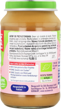Tył słoiczka Babydream Gruszki, bio owoce, bez cukru. Zielony korek, kolorowa etykieta z tekstem niemieckim.