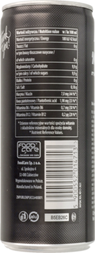 Tył puszki napoju energetyzującego. Widoczna etykieta z tabelą wartości odżywczych, danymi producenta i kodem kreskowym.