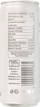 Black Energy Zero Sugar, biała puszka widziana od tyłu, z czytelną tabelą składników odżywczych.