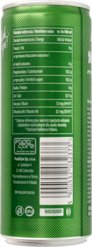 Tył zielonej puszki Black Energy Mojito. Widoczne informacje o wartościach odżywczych, producencie i kod kreskowy.