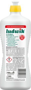 Biała, ergonomiczna butelka płynu do naczyń Ludwik Cytrynowy 900g, z żółtą nakrętką, widok z przodu.