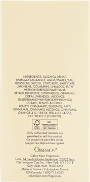 Tył opakowania wody perfumowanej Calvin Klein Obsession z listą składników i danymi producenta na beżowym tle.