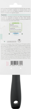 Tył opakowania czarnej szczotki do włosów pielęgnacyjnej. Opisy, instrukcje w j. niemieckim i kod kreskowy.