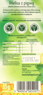 Tył zielonego opakowania herbaty Melisa z pigwą Herbapol, z widoczną listą składników i kodem kreskowym.