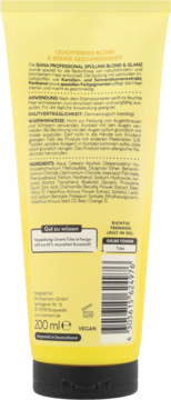 Tył żółtej tubki odżywki Isana Professional Blond & Połysk, z niemieckim opisem, kodem kreskowym i ikoną Vegan.
