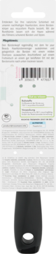 Tył opakowania zrównoważonej szczotki do włosów z recyklingu, z kodem, instrukcją, i czarną rączką.