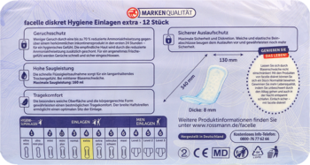 Tył opakowania wkładek higienicznych Facelle discreet extra (12 sztuk) z opisem ochrony i chłonności 160ml.