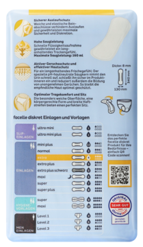 Tył niebieskiego opakowania facelle diskret wkładki higieniczne ekstra 12 szt., z tabelą chłonności i logo 'SEHR GUT'.