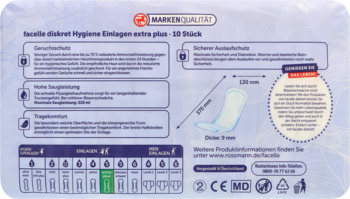 Tył opakowania wkładek Fachelle discret extra plus 10 sztuk, z opisem chłonności i komfortu noszenia.