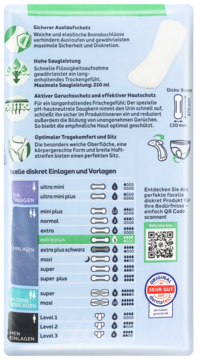Tył niebiesko-białego opakowania wkładek higienicznych ekstra plus. Zawiera tabelę chłonności, ikony cech, opis zalet.