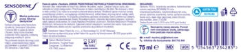 Sensodyne Odbudowa i Ochrona pasta z fluorem 75ml, tył opakowania z opisem, kodem kreskowym i logo.