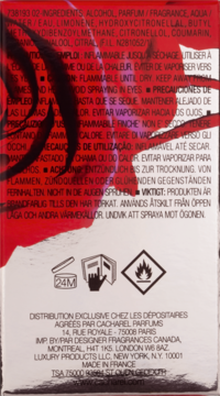 Tył czerwono-czarnego opakowania perfum Cacharel Amor Amor z listą składników i ostrzeżeniami.