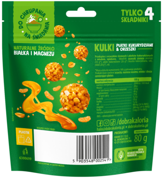 Tył zielonego opakowania Kulki Dobra Kaloria, 80g, z czterema składnikami, płatki kukurydziane i orzeszki.