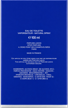 Tył granatowego flakonu Lanvin L'Homme Eau de Toilette 100 ml z białym tekstem i listą składników.