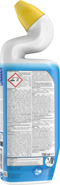 Tył butelki Duck Deep Action Gel Marine 750ml, biała butelka z niebieskim płynem, żółta nakrętka i etykieta z tyłu.