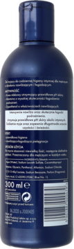 Tył ciemnoniebieskiej butelki Ziaja Yego żelu do higieny intymnej, widoczne etykiety z opisem i składnikami.