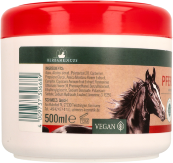 Tył białego 500ml rozgrzewającego Balsamu Końskiego Herbameducius, z etykietą, grafiką konia i logo VEGAN.