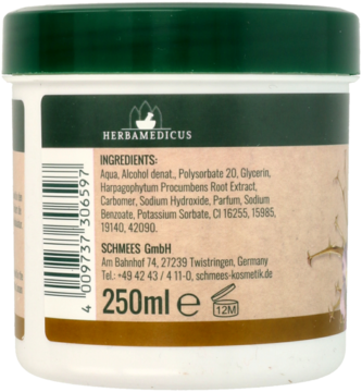 Tylna etykieta balsamu HerbaMedicus z diabelskim pazurem 250ml, widoczne składniki i dane producenta.