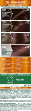 Reklama Garnier Color Sensation. Cztery panele "przed i po" ukazujące transformację włosów na głęboki, bordowy brąz.