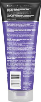 Tył fioletowej butelki szamponu John Frieda Violet Crush, z etykietą, składnikami i kodem kreskowym.