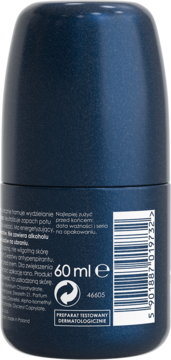 Ciemnoniebieski antyperspirant roll-on dla mężczyzn, widok z tyłu butelki z tekstem i kodem kreskowym, 60 ml.
