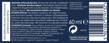 Tył męskiego antyperspirantu 60ml, ciemnoniebieskie opakowanie, widoczne instrukcje, skład i kod kreskowy.