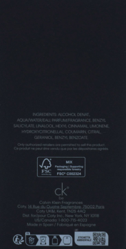 Tył czarnego opakowania perfum Calvin Klein CK Be, widoczne składniki, producent Coty i certyfikat FSC.