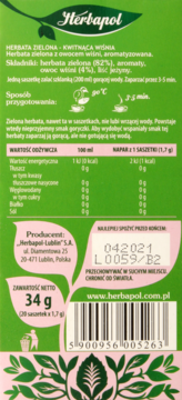 Tył zielonego opakowania herbaty zielonej Herbapol Kwitnąca Wiśnia ze składem, wartościami i kodem EAN.