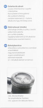 Golarka do ubrań: metalowa siatka, usuwa zmechacenia. Zasilana bateriami AA, z dystanserem do tkanin.