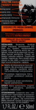 Czarna etykieta kremu męskiego Extra Energy 50ml, z opisem działania przeciw oznakom zmęczenia skóry.