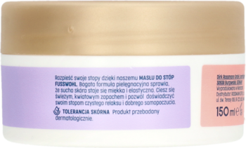 Tył masła do stóp Fusswohl w białym słoiku ze złotą zakrętką i fioletową etykietą z opisem działania, 150ml.