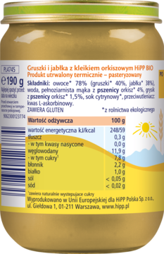 Tył słoiczka HiPP BIO Gruszki i jabłka z kleikiem orkiszowym, widoczna tabela składu i wartości odżywczych, 190g.