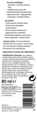 Tył etykiety Ziaja: nawilżająca kuracja do stóp, skład, sposób użycia, 80ml. Odpowiedni dla diabetyków.