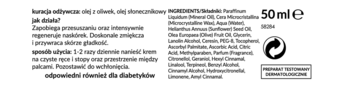Tył opakowania z kuracją odżywczą 50 ml, olej z oliwek, składniki i instrukcja użycia dla diabetyków.